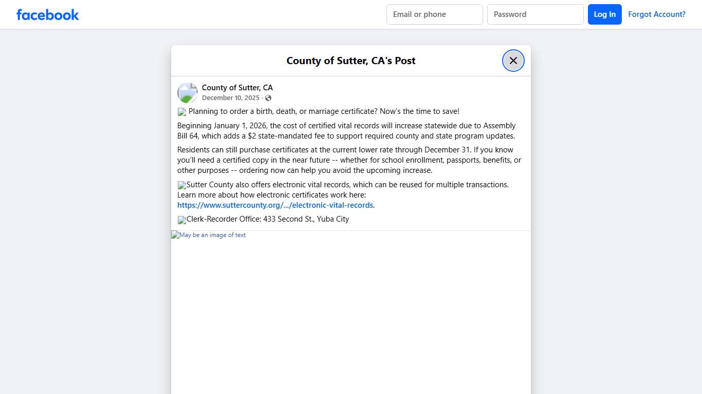 📄 Planning to order a birth, death,... - County of Sutter, CA | Facebook